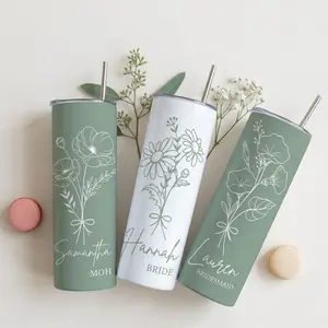 BojjiCo Personalized Insulated Reusable Skinny Stainless Steel Flower Tumbler - Custom Name Water Bottle, Women's Bridesmaid Proposal Gift, Minimalist Boho Sage Green/White Aesthetic Drinkware with Metal Straw Lid
