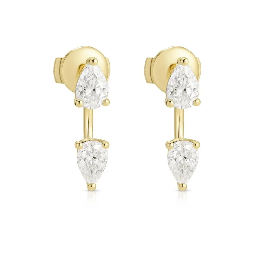 Noa Jewelry Floating Double Diamond Stud Earrings, Pear Cut Simulated Diamond Studs, 18K Gold Plated, Hypoallergenic Lightweight Earrings for Women, Minimalist Fashion Jewelry