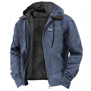 Solid color hooded cotton jacket casual men's wool lining zipper pocket jacket jacket