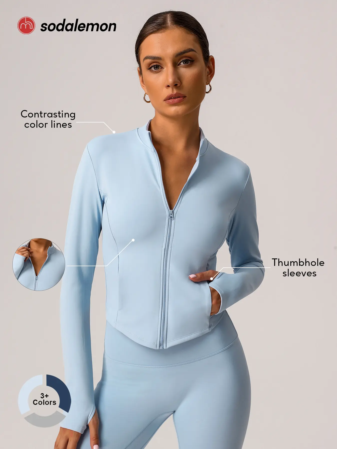 Sodalemon Women’s Slim Fit Full Zip Workout Yoga Sports Jacket, Thumbhole Long Sleeve Stand Collar Yoga Top, Outdoor Running Pilates Fitness Activewear