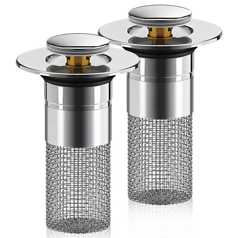 SUS304 Stainless Steel Pop-Up Sink Drain Stopper, Universal Press-Type Design with Removable Clog Prevention Basket, Drain Protector for American Bathroom Basins and Bathtubs, Essential Bathroom Accessories