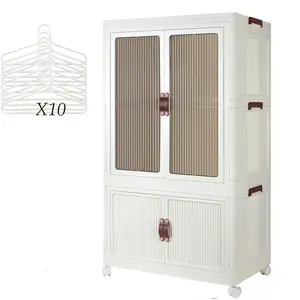 Portable Closet Wardrobe for Hanging Clothes, Folding Stackable Closet with Lid, Wheels and Hanging Rod Folding Storage Box, 1 Hanging Area（Beige)