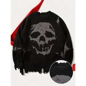 Men's Skull Print Distressed Fringe Crew Neck Sweater, Street Style, Polyester, Regular Fit, Long Sleeve, Halloween, Casual Knit Pullover for Fall/Winter fishing lover Fabric Knitwear Menswear Medium Ripped Stretch Tops Black