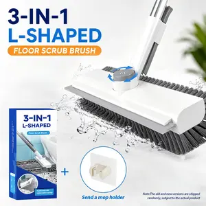 3-in-1 Scraper Broom - Long Wand Floor Scrub Brush with Stiff Bristles, Large Head, Squeegee, Magic Eraser, Mop Roll, Rotating Design | Versatile Cleaning Tool for Bathroom (Orange-Gray, White) | Household Items