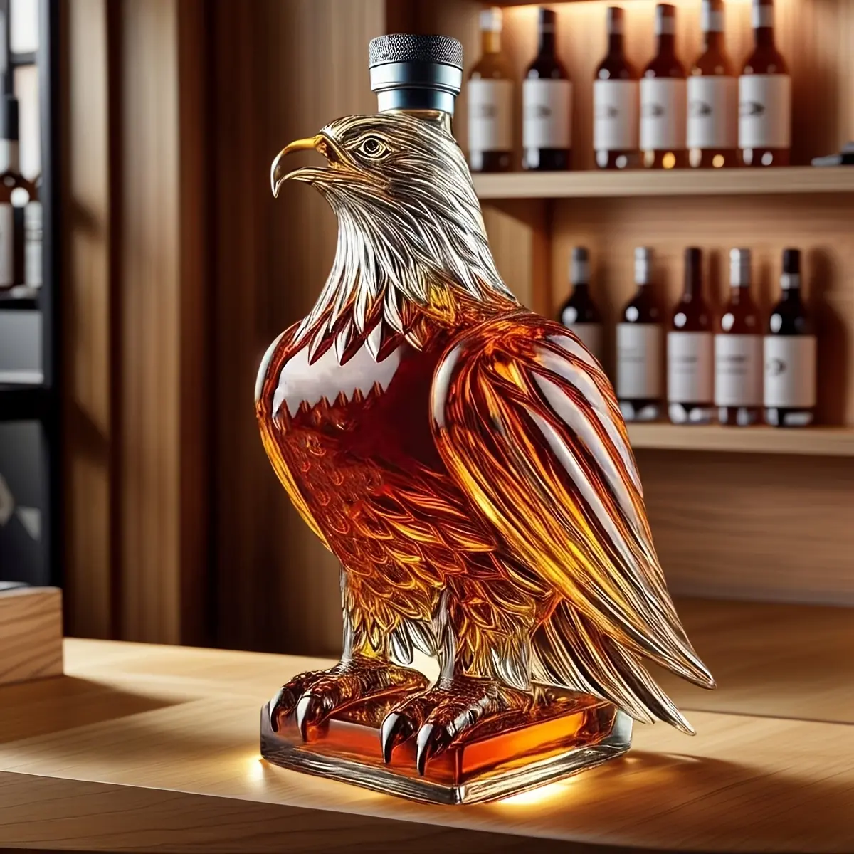 1pc Hand-blown Eagle-shaped Glass Decanter, Made of High Borosilicate Glass for a Transparent and Three-dimensional Appearance. The Eagle's Beak and Sharp Talons Are Accented with Yellow Painted Details, Creating Vivid and Lifelike Features.