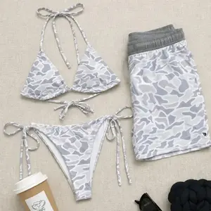 Grey Camo Matching Couple Swimwear Set – Women’s Triangle Tie Bikini & Men's Short, Beach Vacation Outfit, Gift for Her, Goft idea