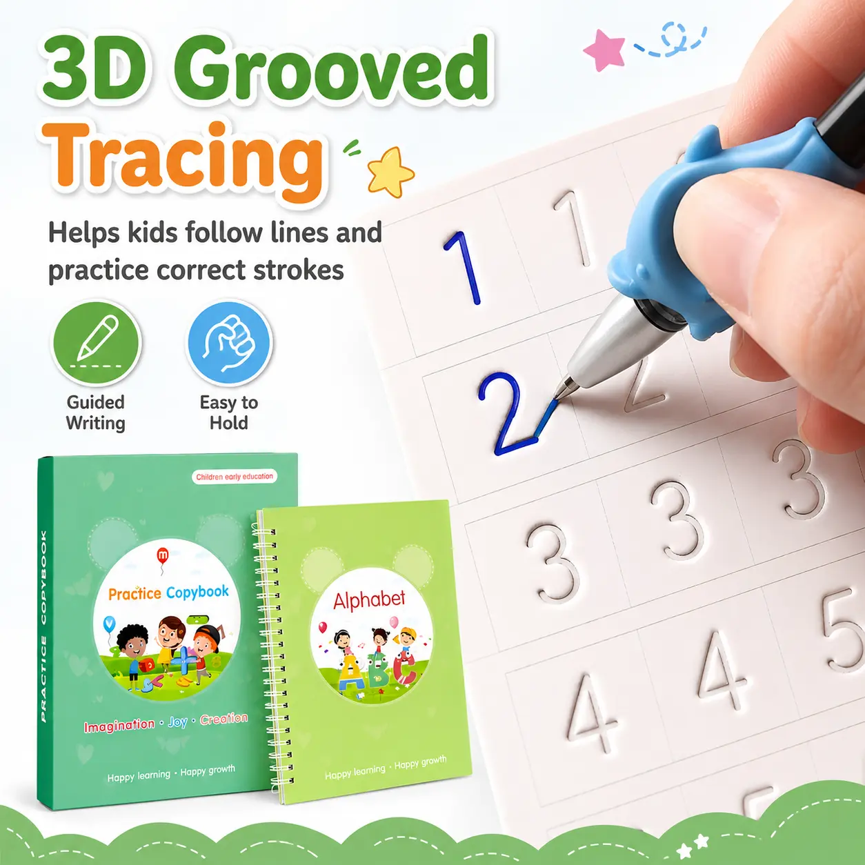 Reusable Magic Tracing Copybook Set for 3-8 Years Preschool Kids - Thick Paper, Disappearing Ink, 100% Safe Early Education Tool, Grooved Letters, Numbers, Shapes, Drawing, Math Exercises, Travel Office Stationery Gift, Handwriting