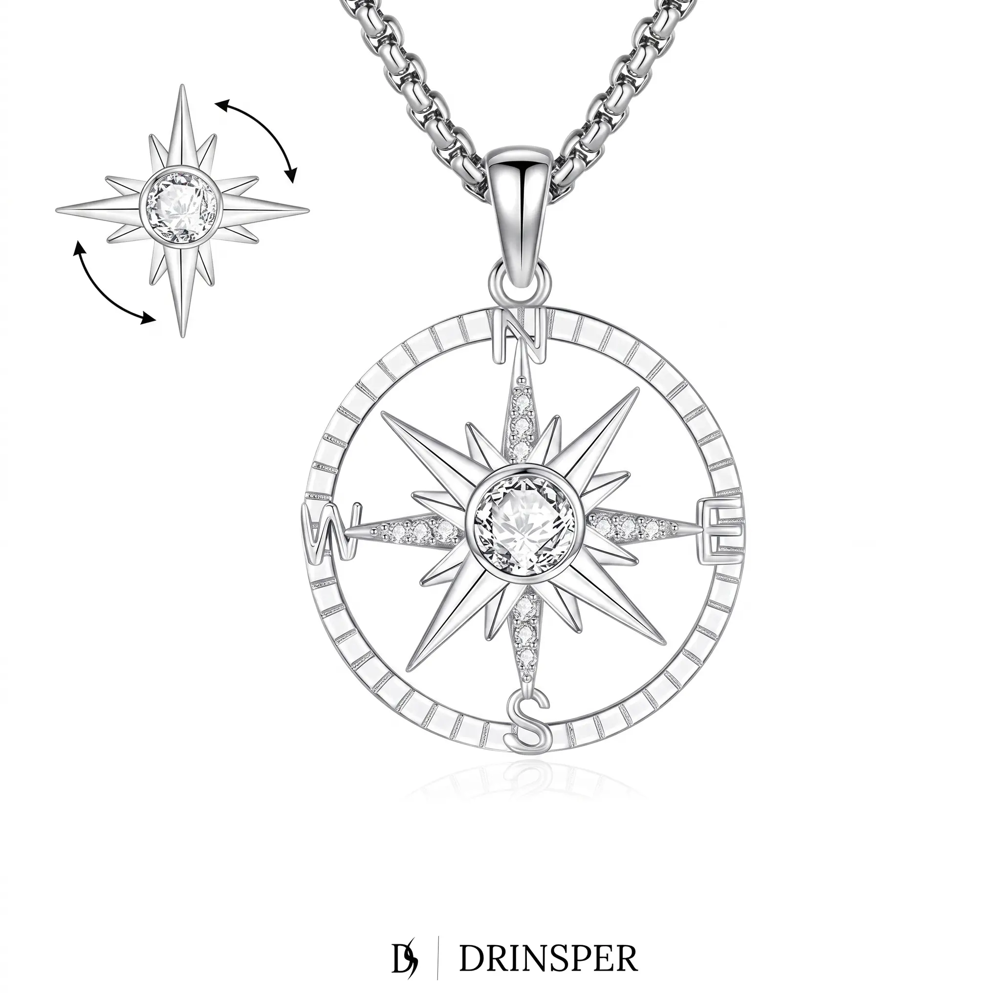 DRINSPER Unisex Rotating Birthstone Compass Star Necklace, Vintage AAAAA Cubic Zirconia Pendant, White Gold-Plated Copper Jewelry, 20+2in Stainless Steel Adjustable Chain, Graduation Gift Ready, Spinner