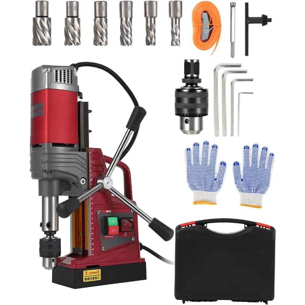 Heavy Duty Industrial Portable Magnetic Drill Press Drilling Machine, 1.57" Boring Diameter, 1450W Motor, 820RPM, 13000N Magnetic Force, Twist Drill Adapter, Power Drilling Tools for Steel & Metal Ironworking, Rotary Drill Presses