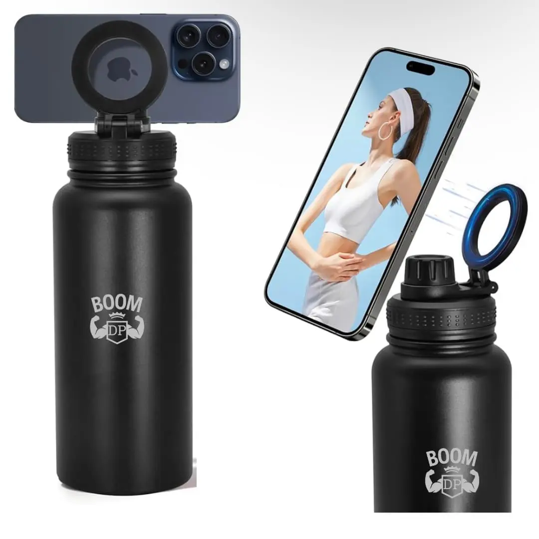 32oz Magnetic Water Bottle with Phone Holder, Insulated Stainless Steel Reusable Sports Bottle, Leakproof Water Bottle for Gym & Travel