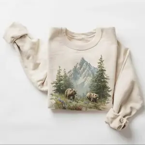 Retro Grizzly Bears Summer Wildflower Scene Sweatshirt - 90s Bear Mountain Nature Gift - Wildlife Watcher - Boho Unisex Crewneck Sweatshirt