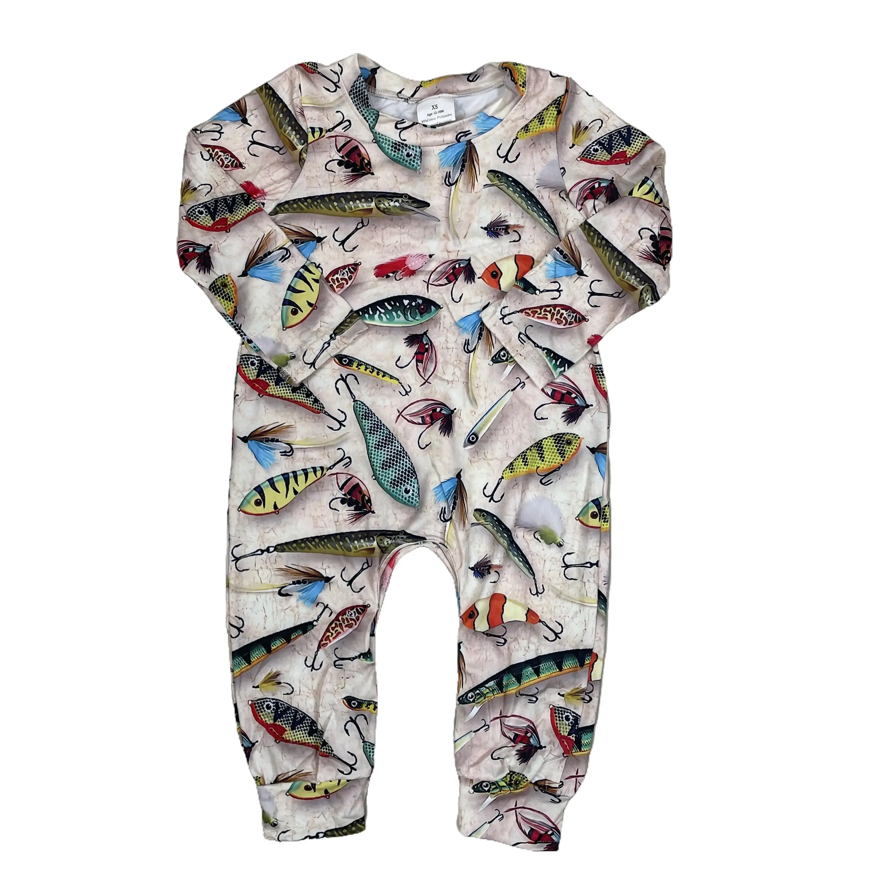 Baby Boy Fish Print Romper, Basic Casual Long Sleeve Jumpsuit, High Quality Cotton Elastane Newborn Outfit