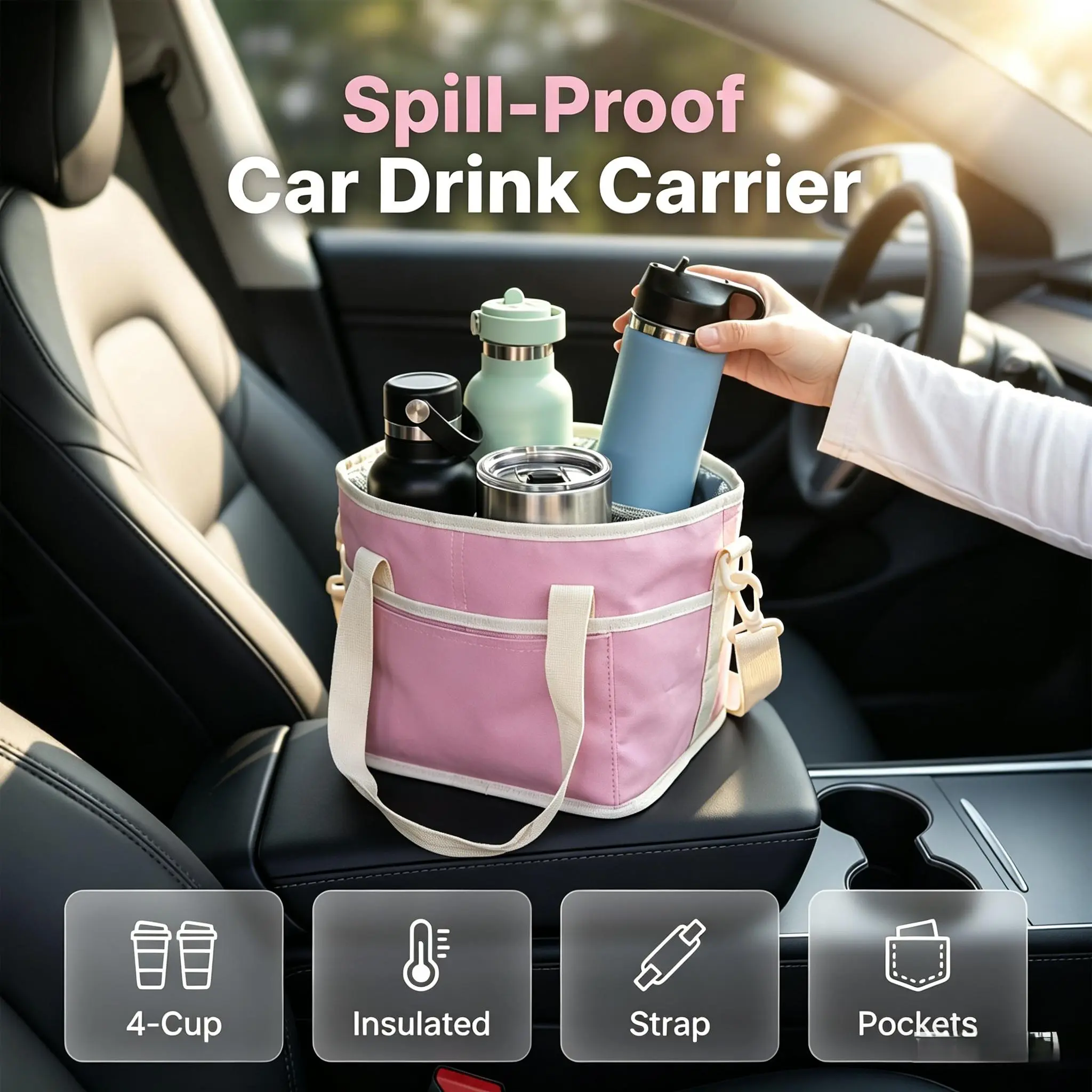 4-Compartment Foldable Insulated Drink Carrier Bag with Aluminum Foil Lining, Spill-Proof, Wipe-Clean, Hands-Free Crossbody Adjustable Strap, Fits Tumblers Coffee Cups Cans, for Family Road Trips Beach Trips Grocery Shopping, 4 Cups
