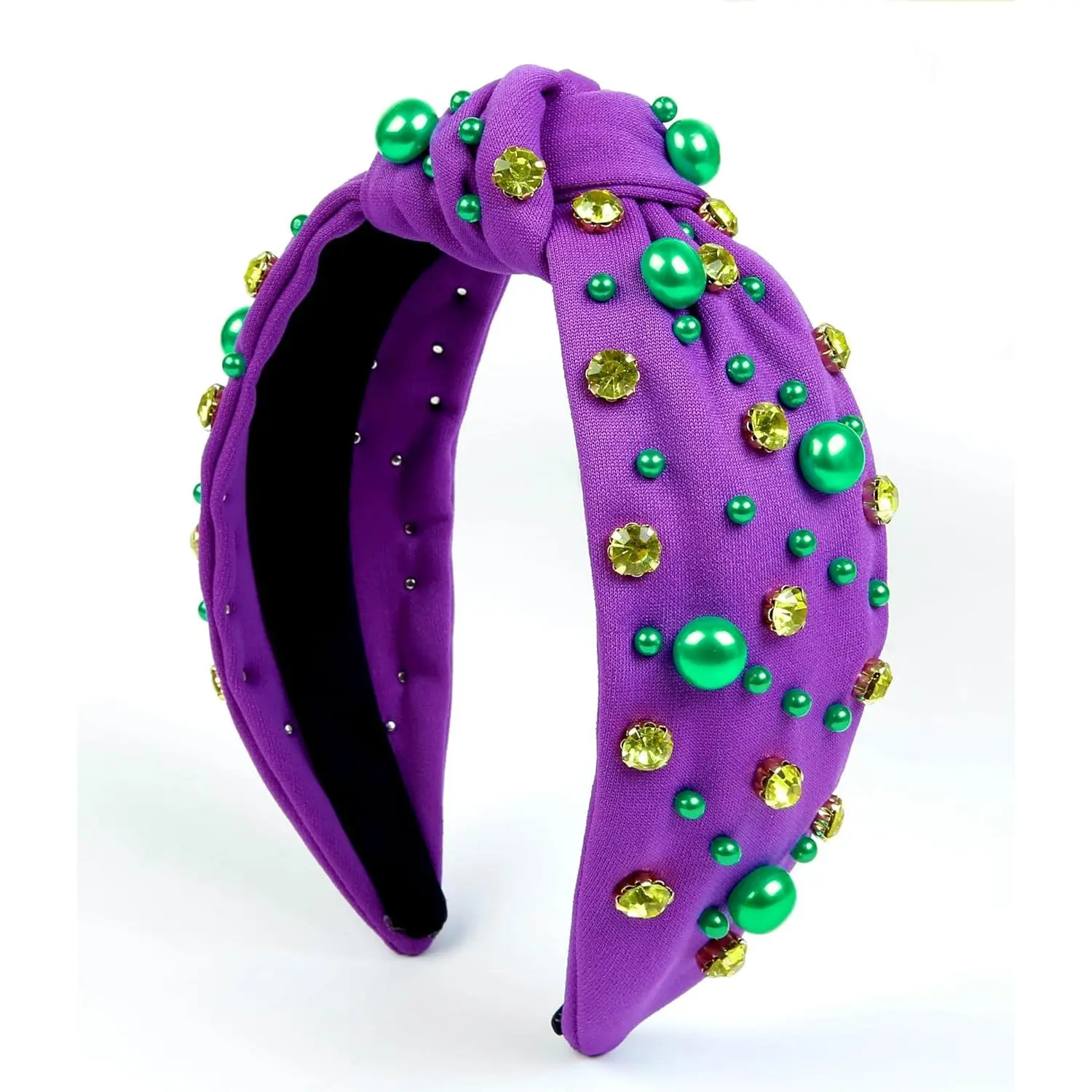 Women Pearl Rhinestone Women Headbands Knotted Head Band for Women’s Hair Carnival Party Purple Green Gold Headpiece Mardi Gras Outfits Hair Accessories