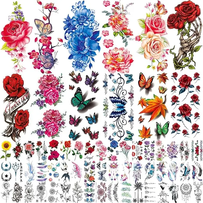 82 Sheets Temporary Tattoos for Women & Girls, Long Lasting Waterproof Body Art Stickers with Floral, Butterfly & Mixed Style Designs, Arm Temporary Tattoos, Tattoo Art