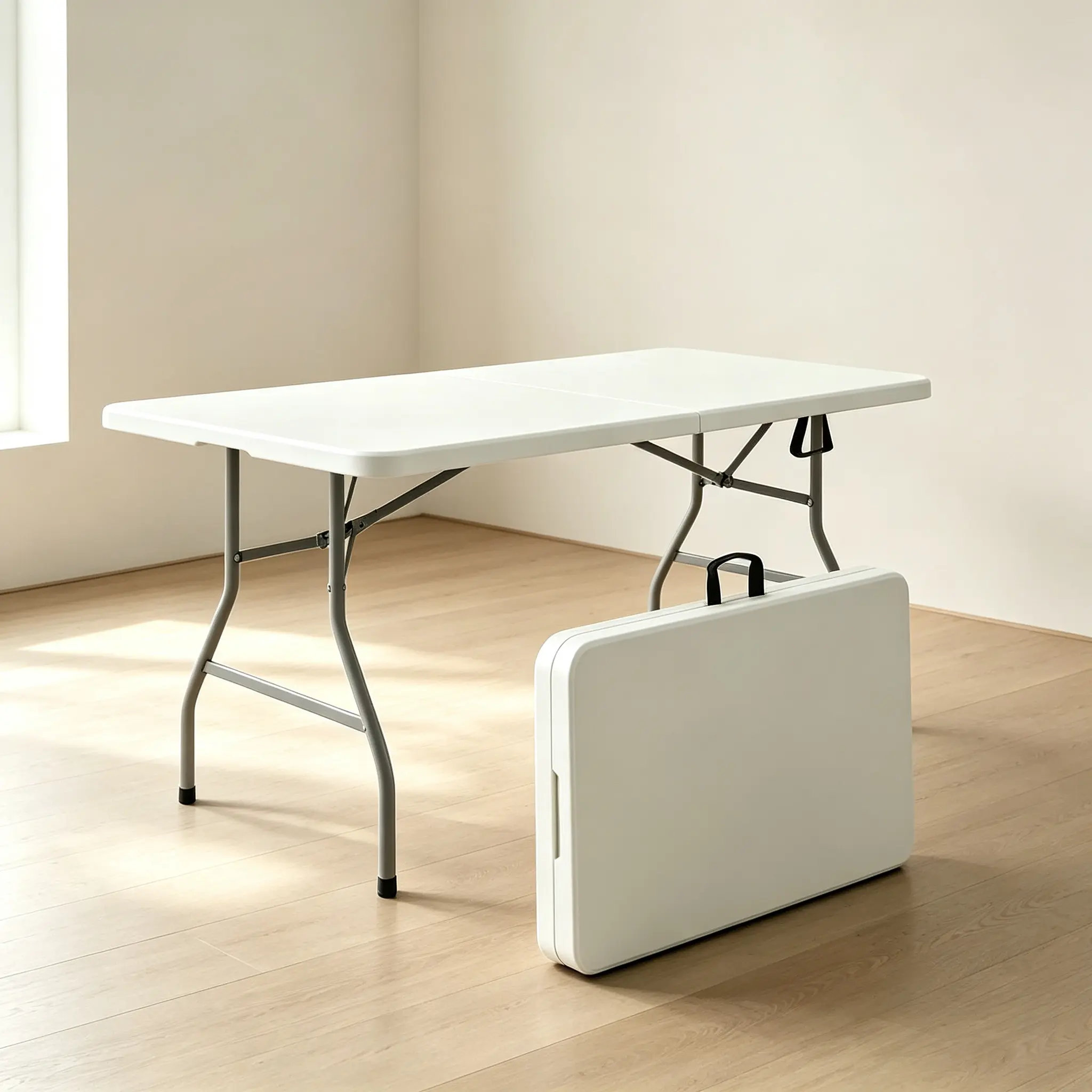 6FT White Heavy-Duty Plastic Height-Adjustable Foldable Desk - No-Assembly Portable Multifunctional Storage Table for Small Space Apartments, Fold-in-Half & Storage-Ready