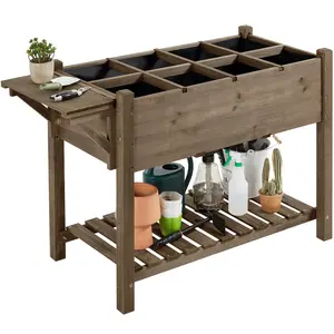 【Foldable Table Ledge】Yaheetech Solid Wood Elevated Garden Bed Planter Box with Removable Grow Grids, Fabric Inner Liner