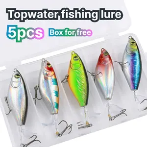 Top Water Fishing Lures(5PCS) with BKK Hooks, Whopper Lure for Freshwater or Saltwater, Floating Lures for Bass Catfish Pike, Surface Wobble PoPobait Bass Baits Teasers in Saltwater Freshwater Plopping Lures Kit