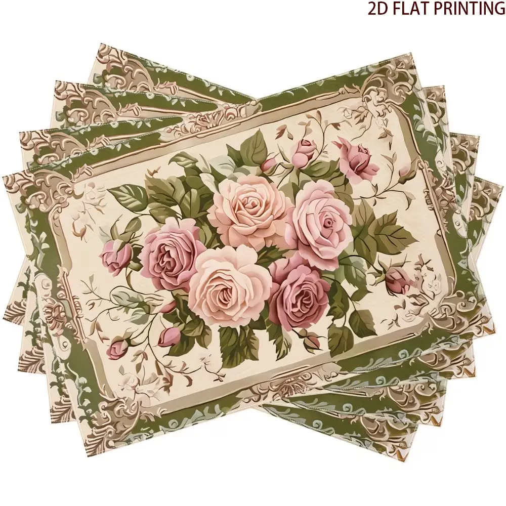 2D flat printing, 2-piece/4-piece/6-piece/8-piece set of luxurious French placemats, Rococo style plant and flower patterned placemats, daily kitchen and restaurant decoration, party table atmosphere embellishment
