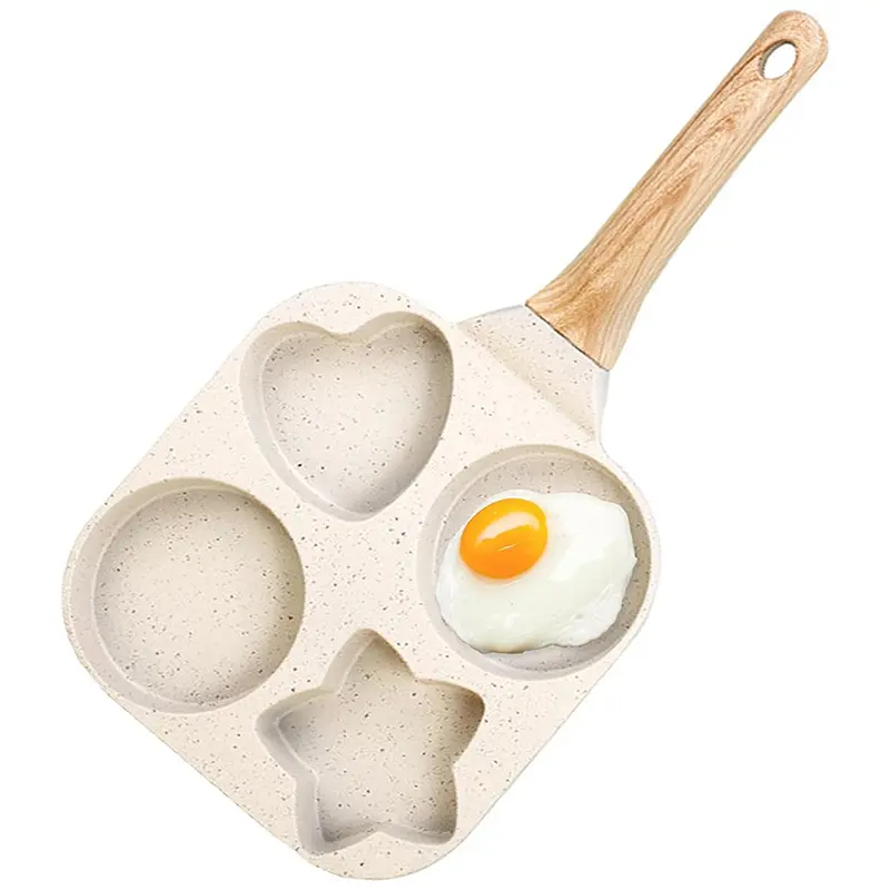 4 Holes Granite Non-stick Egg Frying Pan,   Quick   Breakfast   cooking  Skillet with Anti-scald Wooden Handle, Easy Clean Medical Stone Omelet Cookware, Durable roasting Small Kitchen Gadget for Eggs Pancakes Bacon