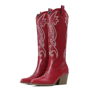 EROCALL Women's Western Cowboy Knee High Boots Embroidered Retro Cowgirl Boots with Pointed Toe Chunky Heel Slip On Design Tall Western Boots