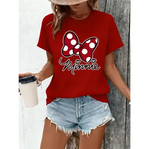 Minnie-style Red Polka Dot Bow and Handwritten "Minnie" Pattern Summer New Women's T-shirt Short Sleeve Top Casual Fashion Printed T-shirt for Women Elegant Women's Clothing