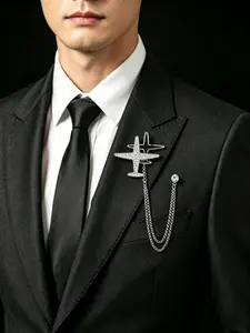 Vintage Silver Color Lapel Pin with Chain and Crystal, Dual Snake/airplane Design, Men's Formal Wear Accessory, Fashion Jewelry for Daily and Party Use
