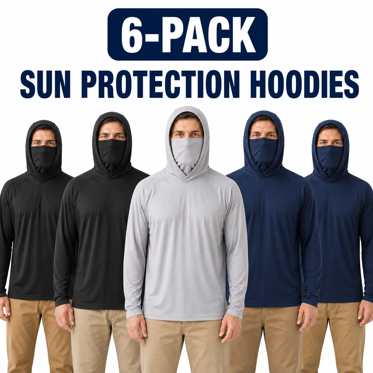 Men's 3-Pack & 6-Pack Fitted Plain Polyester Hooded Outdoor Work Shirts - Built-In Face Cover, UPF 50+, Quick-Dry Long Sleeve for Landscaping, Construction