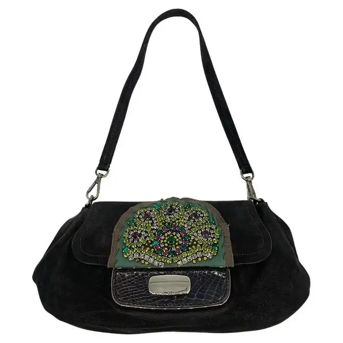 Pre-owned PRADA Suede Shoulder Bags Black Rhinestone Alligator Flap Shoulder Bag