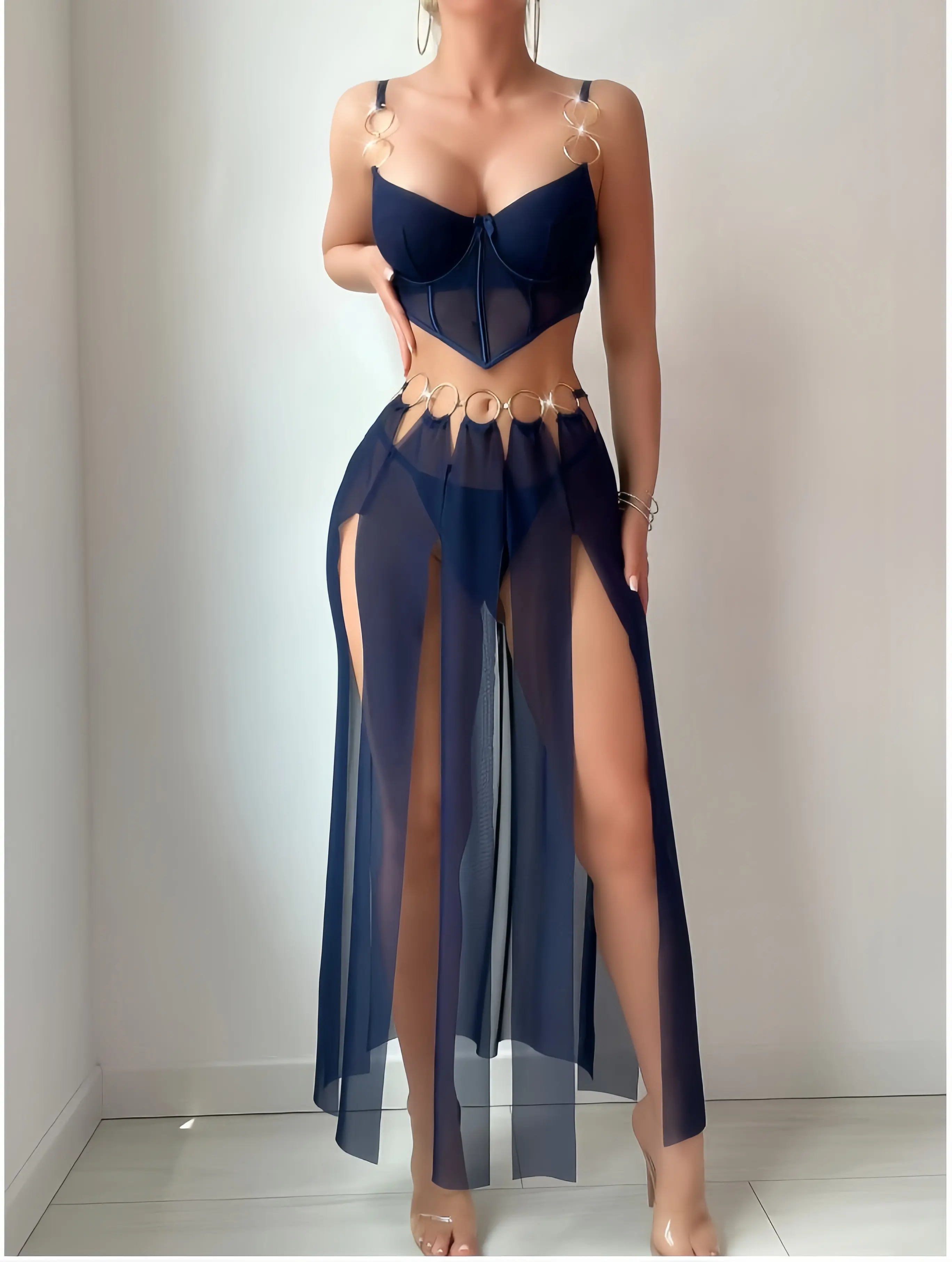 Rabbit Barbie Women's 3-Piece Sexy Lace Lingerie Set - Mesh Bra, Panty Underwear, Babydoll Sleepwear in Navy Blue (Lingerie Women), Sleepwear Set, Plain Lace Bodysuit Post Surgery Bodysuit