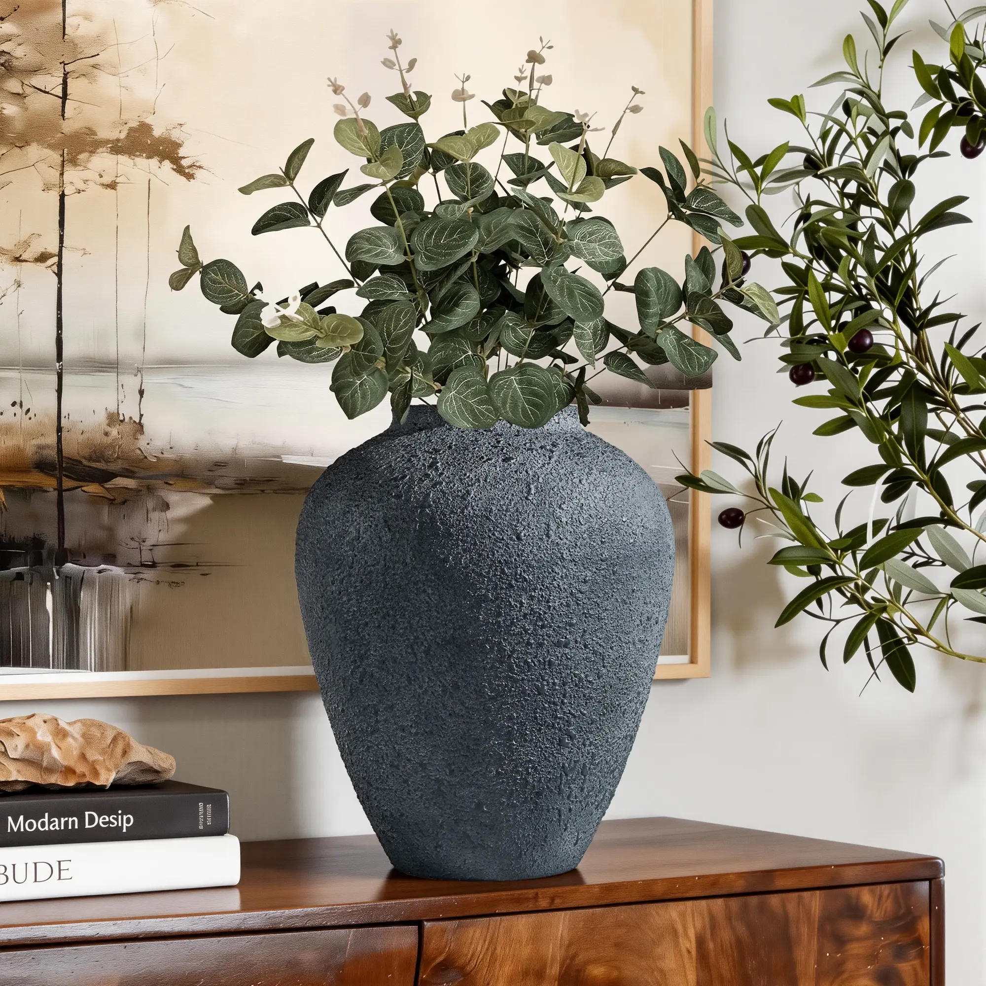 14in Handmade Rough Textured Metal Flower Vase, Wide Mouth Wabi-Sabi Rustic Table Decor Metal Vase