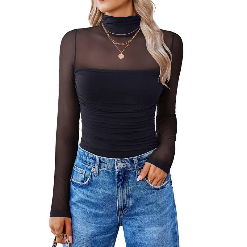 NewWomen's Turtleneck Bodysuit - Long Sleeve Shapewear Leotard - Sexy Mesh One Piece for Going Out & Fall Outfits Tops Womenswear Can be used with a raincoat