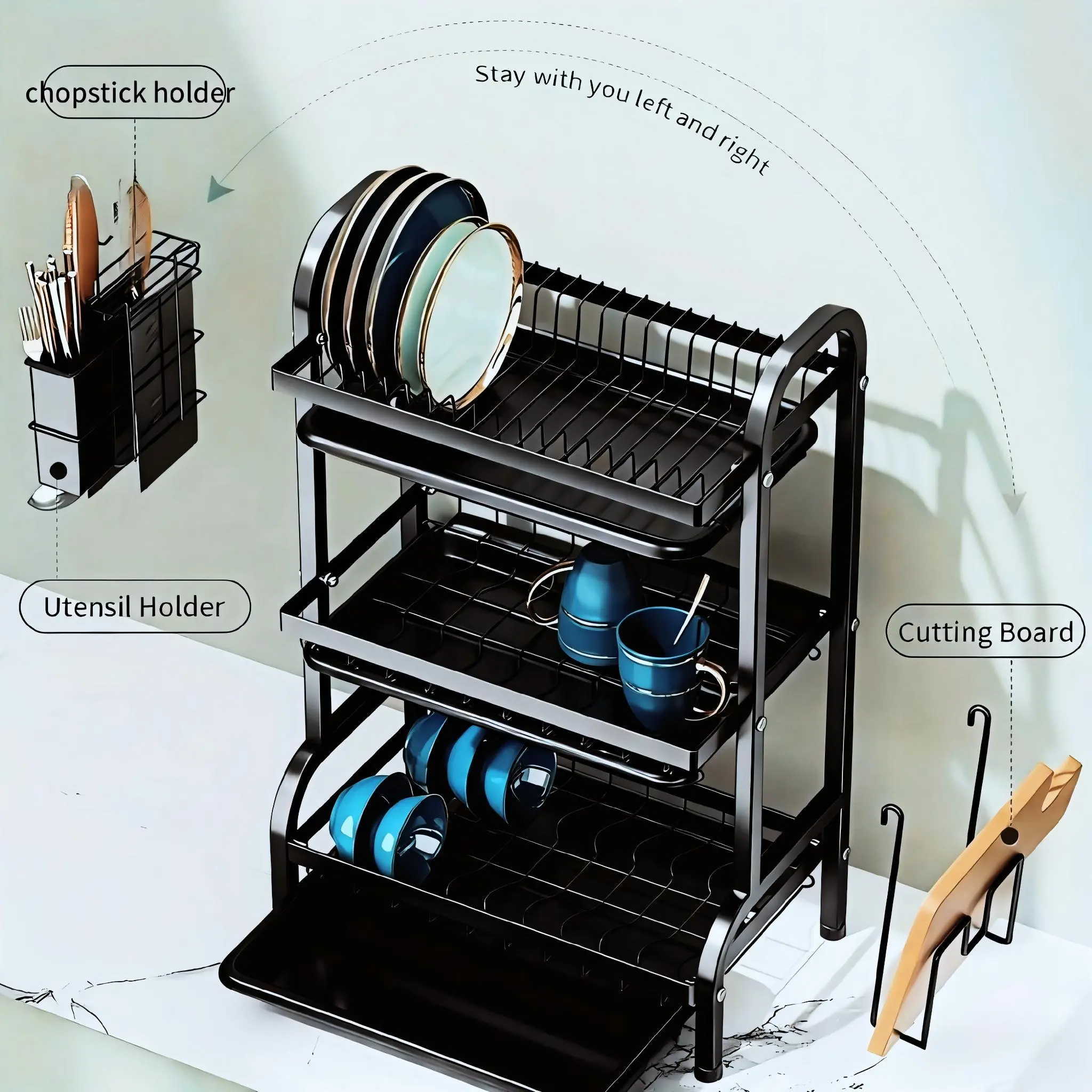 Rectangle 2-Tier Freestanding Anti-Rust Metal Utility Kitchen Dish Rack with Chopstick Holder, Modern Home Countertop Organizer for Plates, Anti-Rust Utility Racks