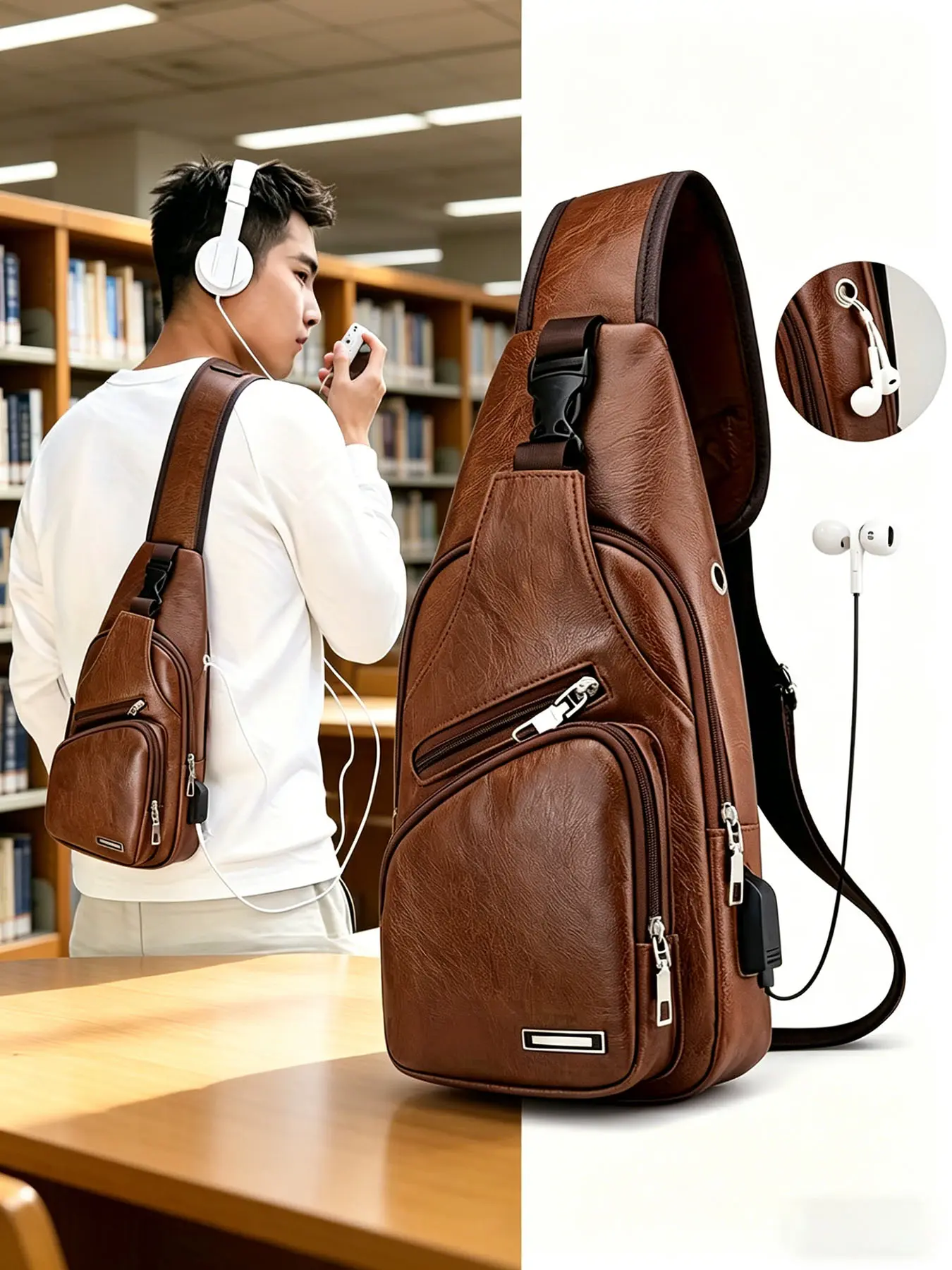 Men's USB Charging Sling Crossbody Bag, Brown Leather Adjustable Chest Pack with Earphone Hole, Multi-Pocket Portable Shoulder Bag, Versatile Bag, Multifunctional Chestbag for Cycling, Sports Events & Live Concerts