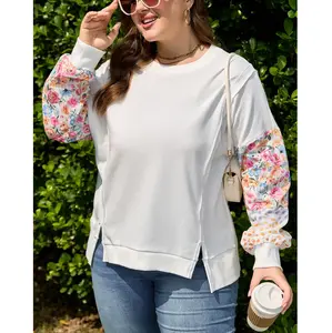 S-4X Plus Size Women’s White Floral Dotted Mixed Patchwork Sleeve Seamed High Low Casual Sweatshirt Plus Size Soft Womenswear Full Size Range S-4X