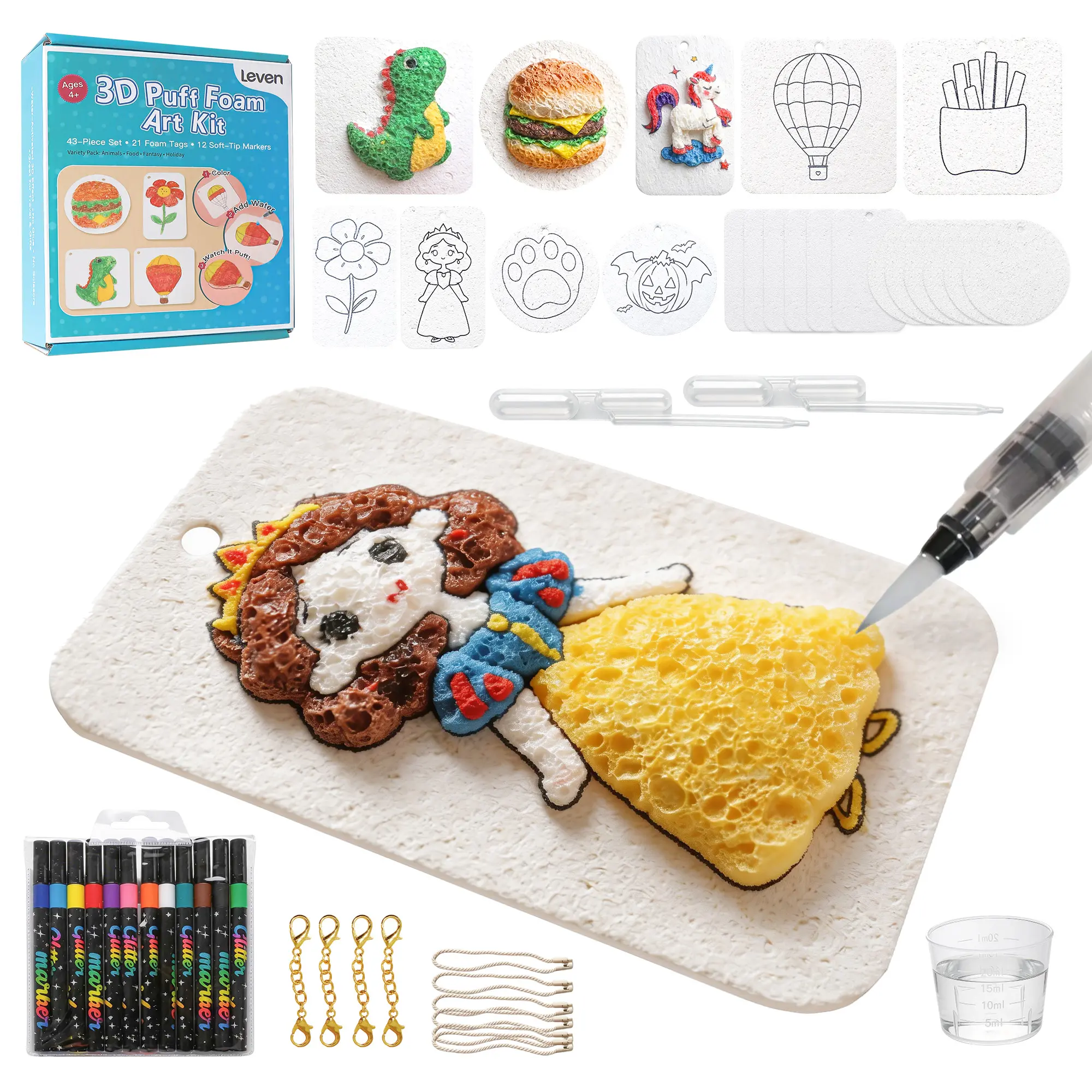 Leven 3D Magic Foam Craft Kit for Unisex Kids Ages 4+ - Vibrant DIY Painting Kit with Textured Paper, 12 Markers, Water Brush, 9 Pre-Cut Foam Shapes, Sensory Toy Bonus, STEM Education, Boy-Friendly Decoration, Kids Toys for Holidays & All Seasons, Sensory