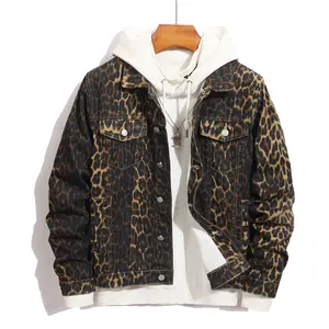 Men's Personalized Leopard Print Slim Fit Denim Jacket Stylish Casual Jean Jacket Coat Menswear Top Long Sleeve Streetwear