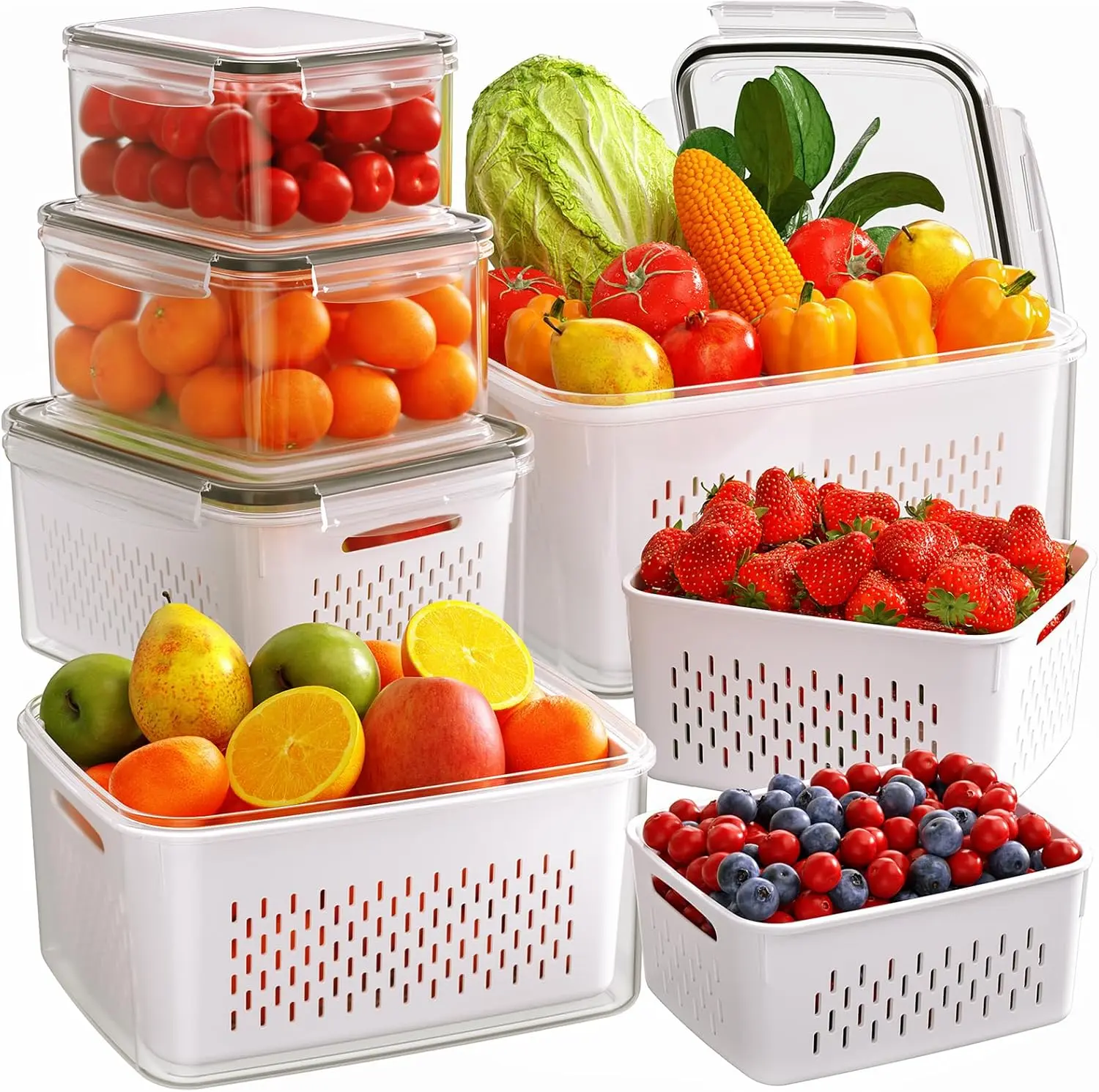 Camp Kitchen Stackable Plastic Colander Set (4PCS/6PCS) - Food-Grade, Airtight Lid, Leakproof Dustproof BPA-Free, Removable Basket Makes Washing Simple, Stacks to Save Space, Fruit Veggie Washer & Fridge Fresh-Keeping Daily Sundries Organization Container