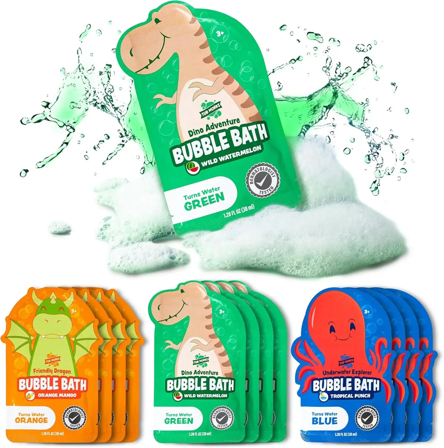 Tub Works Dino Adventure Bubble Bath - Wild Watermelon Scented Color-Changing Pouches for Toddlers & Kids - 12-Pack Non-Toxic Formula with Fruity Scen