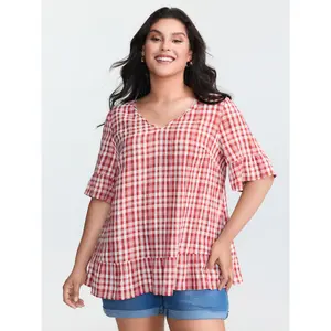 BloomChic Plus Size Lady's Sweet Gingham Print Ruffled Spandex Blouse - Smooth, Fitted Garment, M-6X Sizing, 2026 Summer Mother's Day Pick