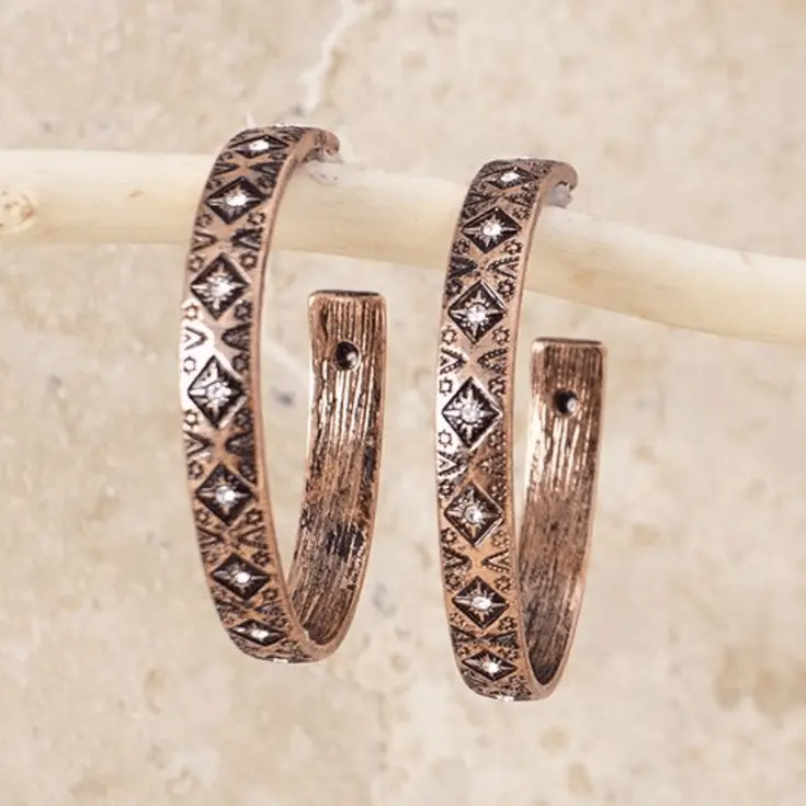 Alternative Fashion Copper-Tone Detailed Aztec Print Rhinestone Hoop Earrings - Casual Wear Costume Jewelry with Rhinestone Accents, Alternative Style, No Piercing, Bling Effect, 1.75" Dia., Fashion Chic Accessories, Alternative Earrings