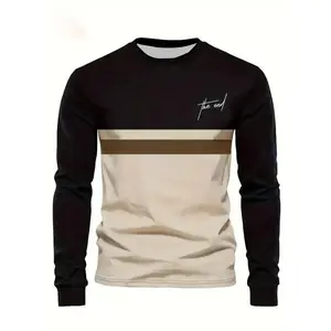 Men’s casual long-sleeved crew-neck T-shirt, polyester knit fabric, regular fit, striped pattern, suitable for autumn and winter wear GARMENTARY