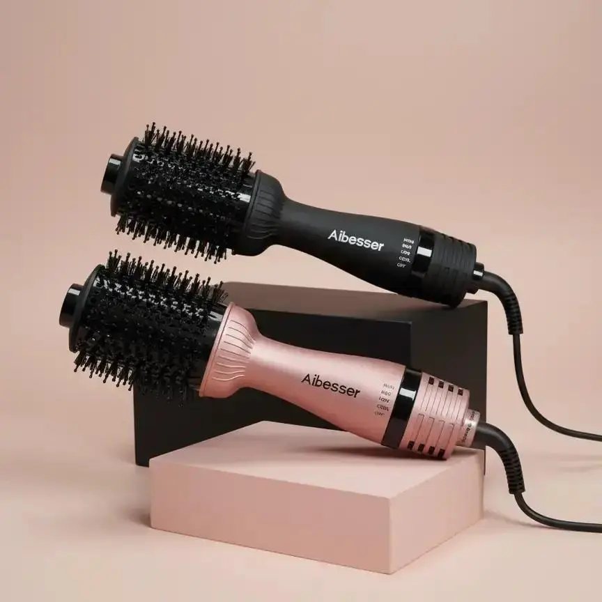 Aibesser 4-in-1 Dual Voltage Hot Air Handle Volumizer Hair with Ceramic Tourmaline Ionic Curling Brush Lightweight Plug Dryer/Curler/Straightener/Scalp Massager, Anti-Scald Bristles, Intelligent Heat Control, Cold & Hot Air Cycle summerwins