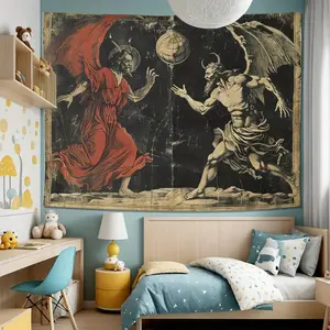 Dual Demon Battle Wall Tapestry – Gothic Halloween Wall Hanging for Bedroom, Living Room, or Office – Includes Easy-Hang Kit – Spooky Backdrop & Party Decor