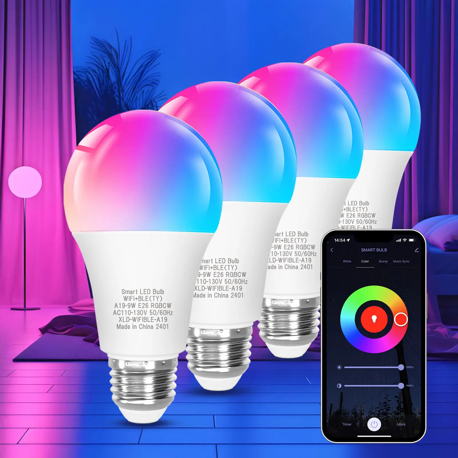 Smart LED Light Bulbs, A19 E26 9W (60W Equivalent) AC Power Supply Bulbs - 2.4GHz WiFi & Bluetooth Color Changing, APP Dimmable, Alexa & Google Home Support, Automation Compatible, 2-Count/4-Count Options