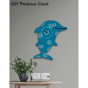 "Splash" - Playful Dolphin Pendulum Wall Clock, Cartoon Style, Dark/Light Blue, MDF, 14.2'x10'x1.8', Elegant Gift Box