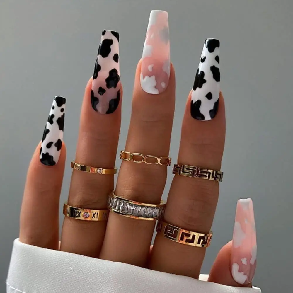 [For Wig Package]Cute Press on Nails - Cows Coffin Long Flase Nails Tips Acrylic Full Cover Fake Nails for Women and Girls