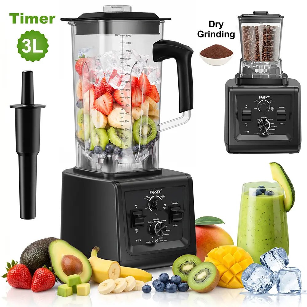 PRASKY PRO Black Blender Machine - 68oz/102oz Jar with Optional Timer, 17oz Extra Jar, BPA-Free Containers, 25000RPM Ice Crusher, Smoothie Maker, Smart Home Kitchen Jug Appliance
