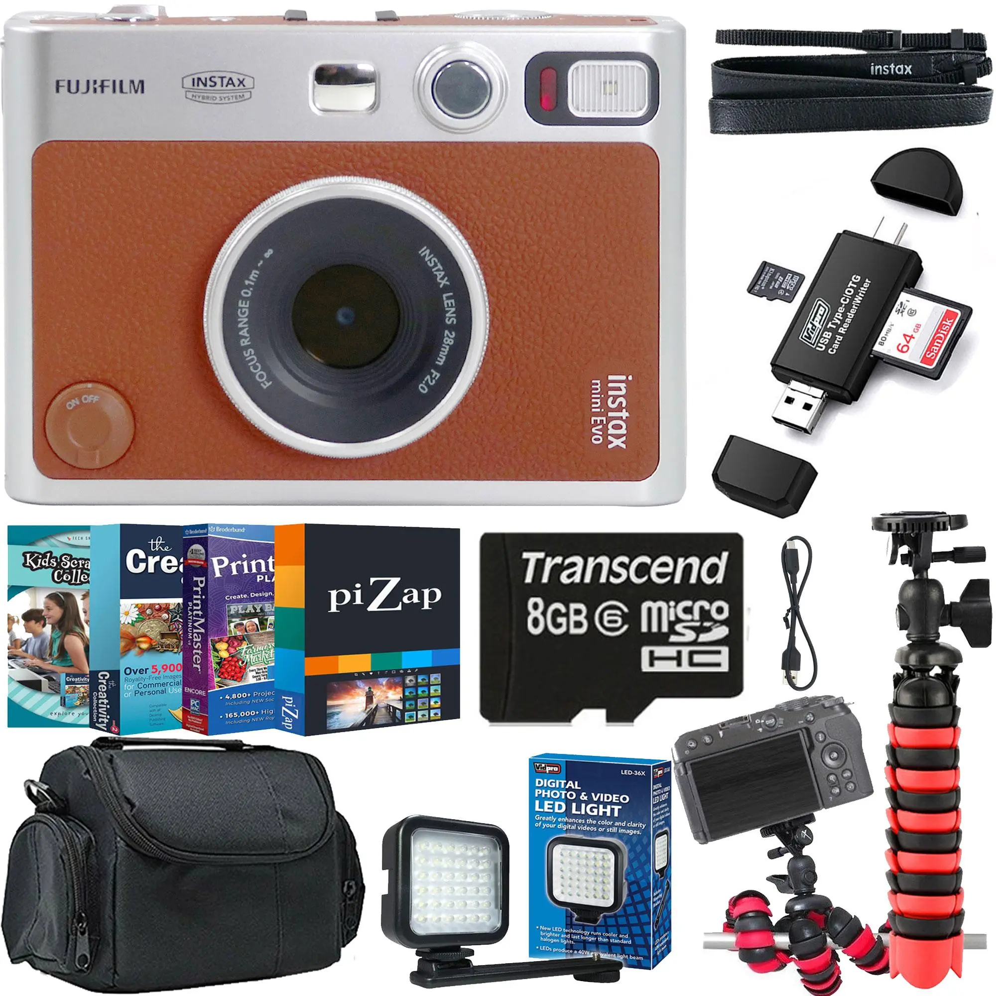 FUJIFILM INSTAX MINI EVO Hybrid Instant Camera Brown + Scrapbooking Collection-Creativity Collection 2 piZap Pro & PrintMaster Platinum v8 Kit + Case + 8GB MicroSD Card + 36 LED Photo & Video Light + Rubberized Tripod + USB 2.0 Type-C microSD & SD Card Re