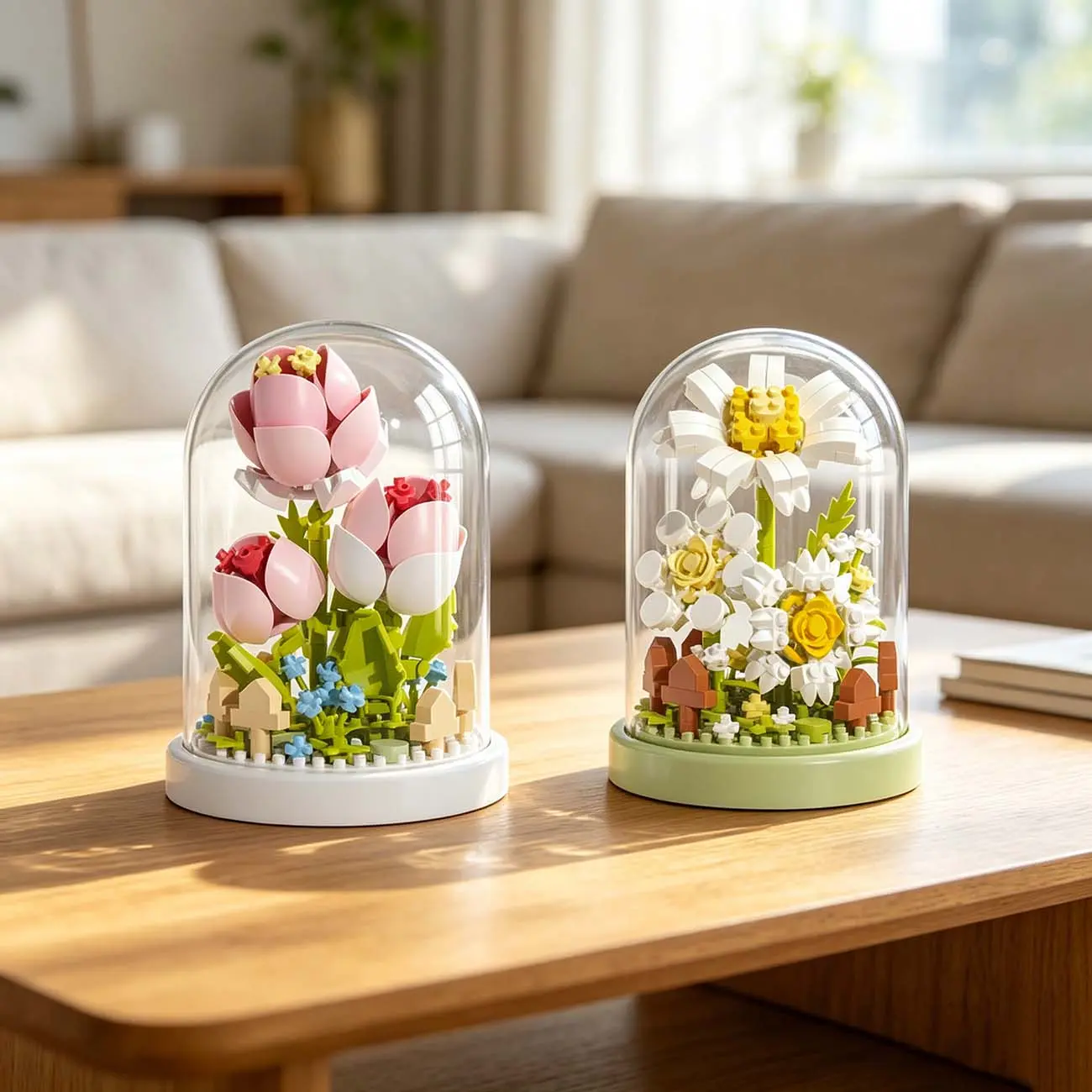 2 Pack Mini Flower Building Block Sets with Display Cover, DIY Tulip and Daisy Botanical Collection Bricks Toy, Cute Table Top Desk Decor for Building Block Fans